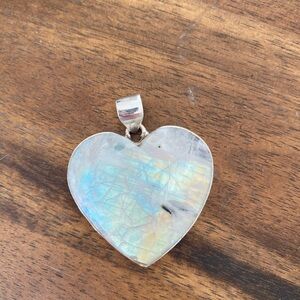 Large rainbow moonstone heart sterling silver pendant